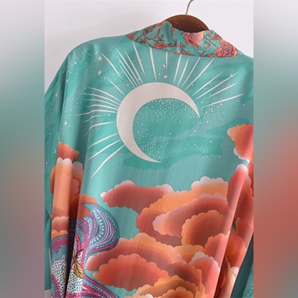 Teal Stargazer Kimono Short Robe Lightweight Cover Up Festival Beach Layer Boho - Picture 6 of 16